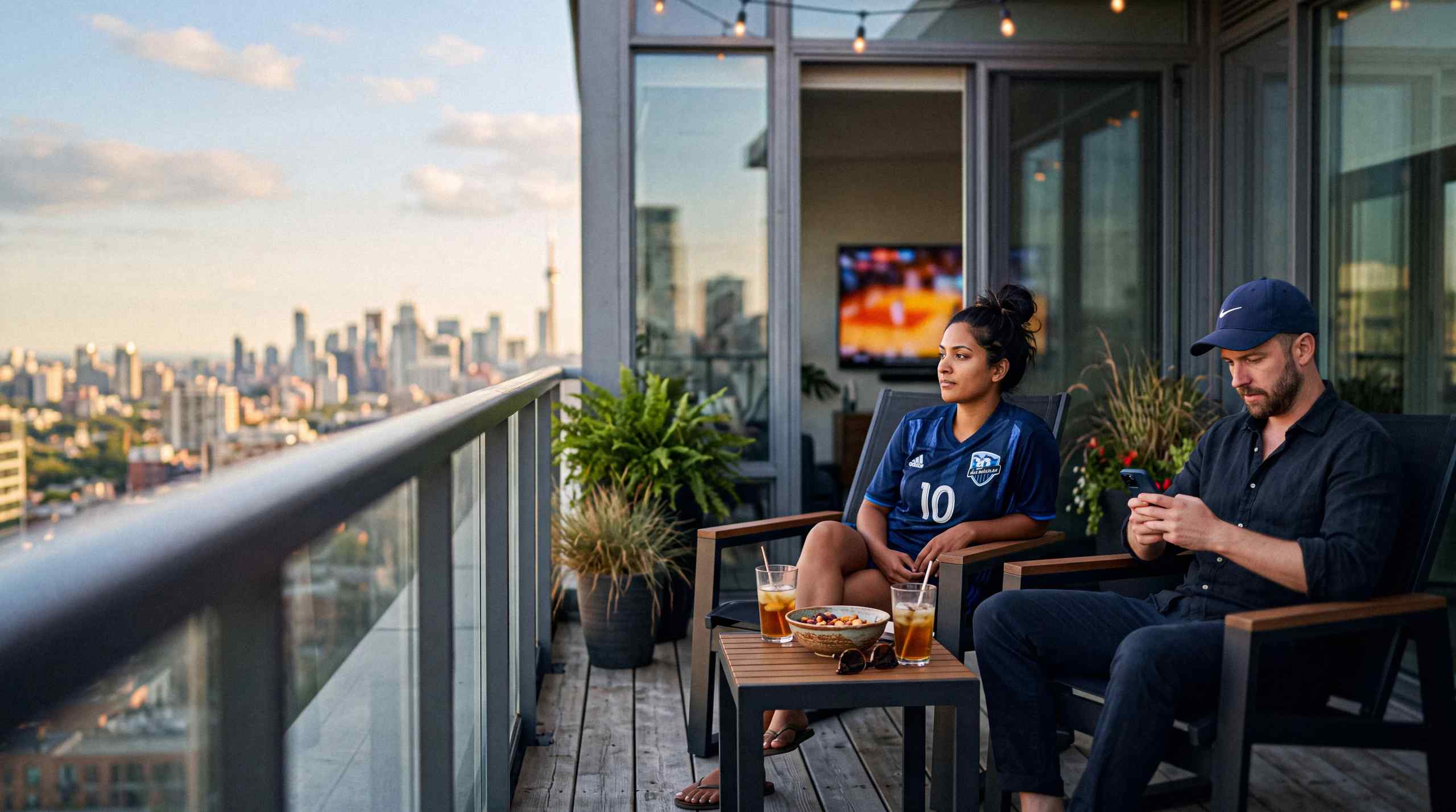 A pair of soccer fans sit on a balcony.